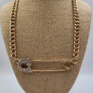 Fashionable Gold Rhinestone Safety Pin Pendant Necklace – Oversized